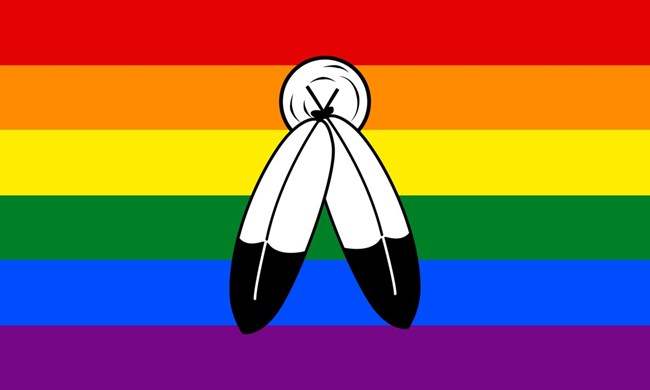 The two spirit pride flag, which has a circular symbol with two feathers in the center with a rainbow gradient.