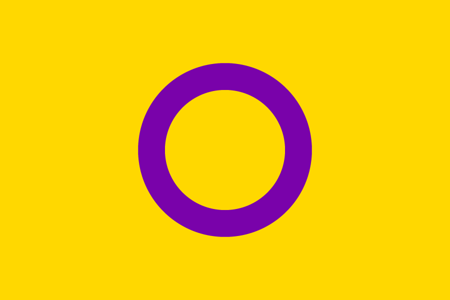 The intersex pride flag, which has a yellow background with a purple circle in the center.